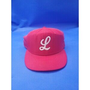 Vtg Script L DeLong Hat Cap Trucker Snap back Red Made USA 80s Little League